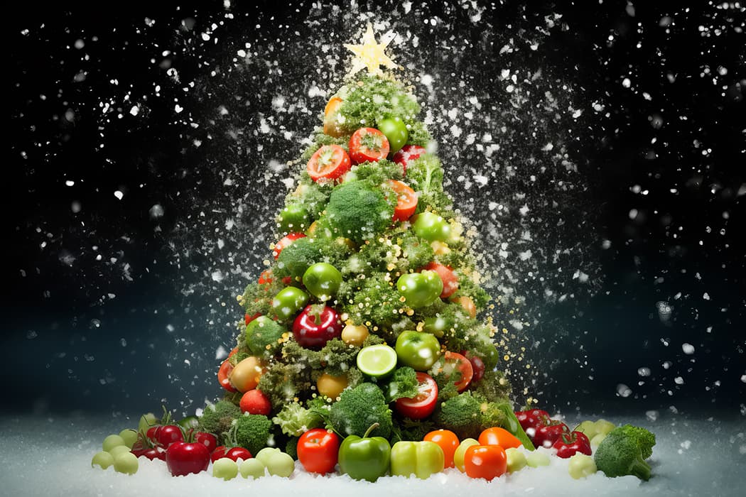 Christmas tree made of fresh fruits and vegetables