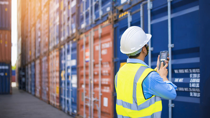 Funzionario portuale che ispeziona i container